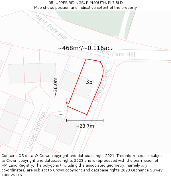 35, UPPER RIDINGS, PLYMOUTH, PL7 5LD: Plot and title map