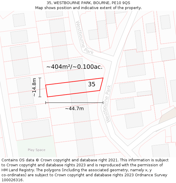 35, WESTBOURNE PARK, BOURNE, PE10 9QS: Plot and title map