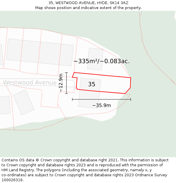 35, WESTWOOD AVENUE, HYDE, SK14 3AZ: Plot and title map