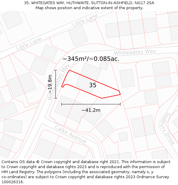 35, WHITEGATES WAY, HUTHWAITE, SUTTON-IN-ASHFIELD, NG17 2SA: Plot and title map