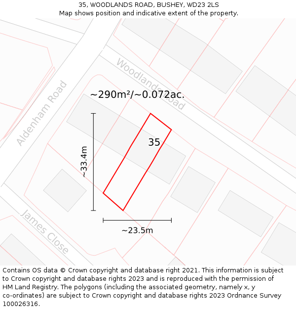 35, WOODLANDS ROAD, BUSHEY, WD23 2LS: Plot and title map