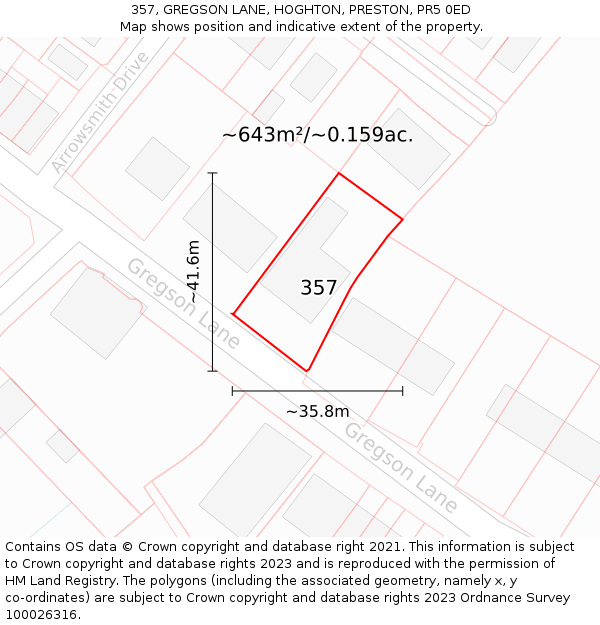 357, GREGSON LANE, HOGHTON, PRESTON, PR5 0ED: Plot and title map