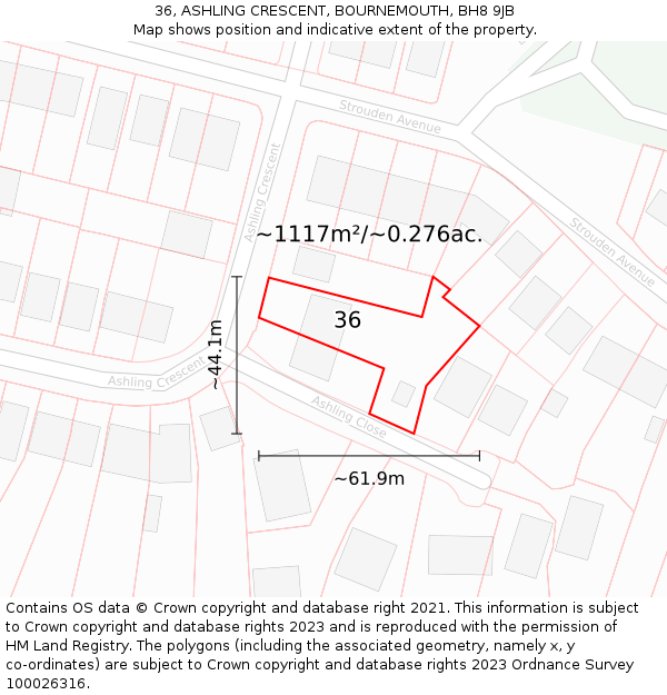 36, ASHLING CRESCENT, BOURNEMOUTH, BH8 9JB: Plot and title map