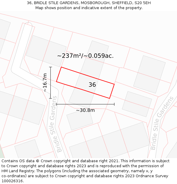 36, BRIDLE STILE GARDENS, MOSBOROUGH, SHEFFIELD, S20 5EH: Plot and title map