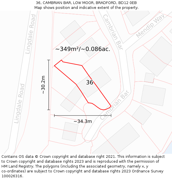 36, CAMBRIAN BAR, LOW MOOR, BRADFORD, BD12 0EB: Plot and title map