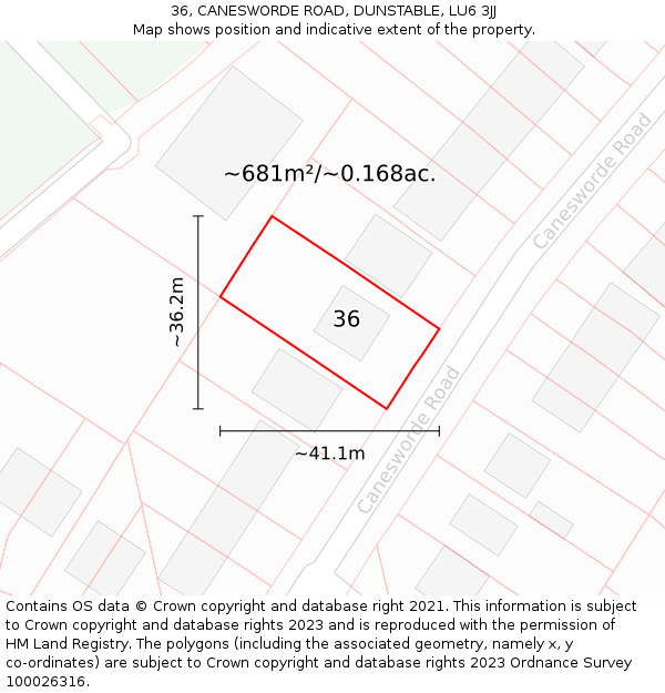 36, CANESWORDE ROAD, DUNSTABLE, LU6 3JJ: Plot and title map