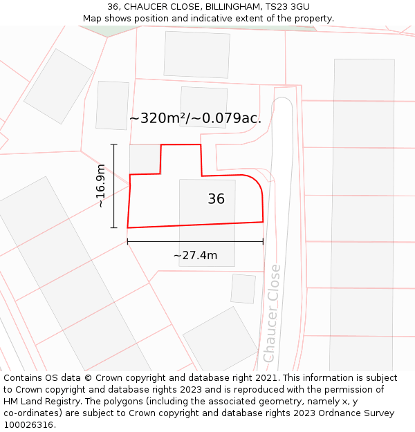 36, CHAUCER CLOSE, BILLINGHAM, TS23 3GU: Plot and title map