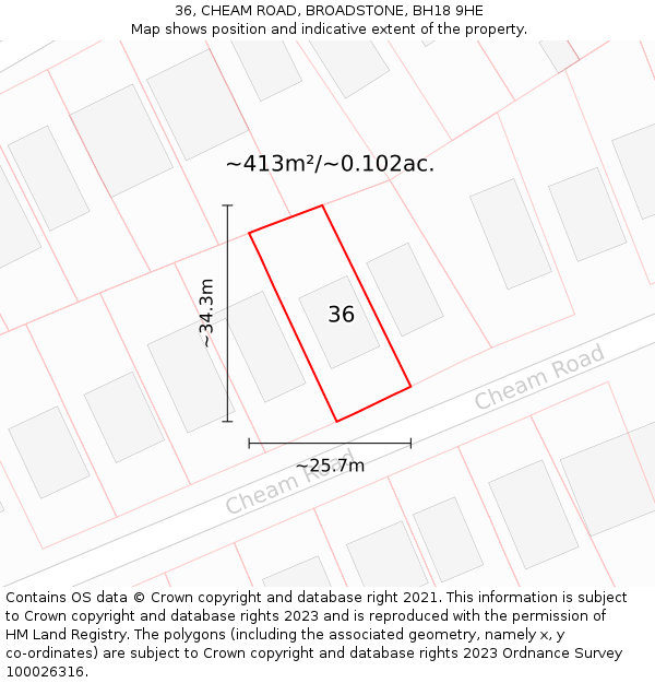 36, CHEAM ROAD, BROADSTONE, BH18 9HE: Plot and title map