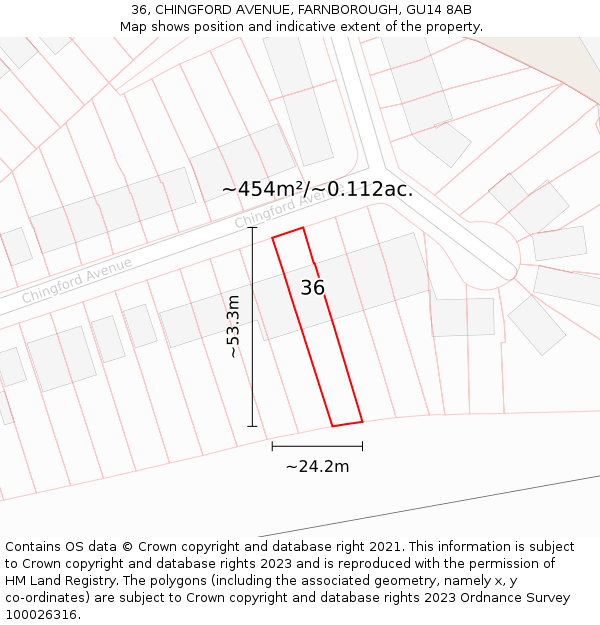 36, CHINGFORD AVENUE, FARNBOROUGH, GU14 8AB: Plot and title map