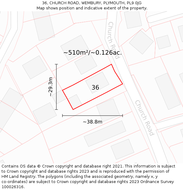 36, CHURCH ROAD, WEMBURY, PLYMOUTH, PL9 0JG: Plot and title map