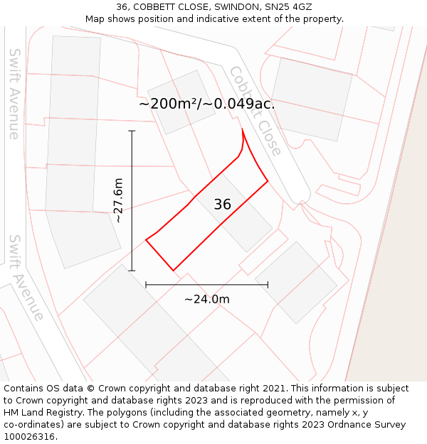 36, COBBETT CLOSE, SWINDON, SN25 4GZ: Plot and title map