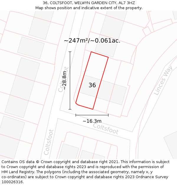 36, COLTSFOOT, WELWYN GARDEN CITY, AL7 3HZ: Plot and title map