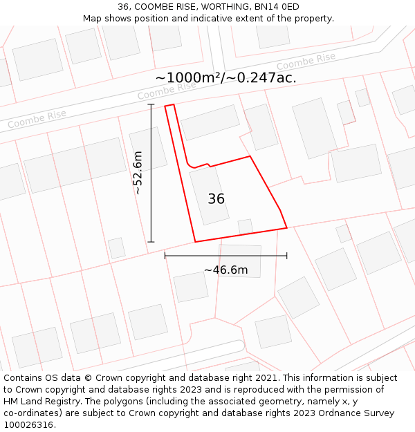 36, COOMBE RISE, WORTHING, BN14 0ED: Plot and title map