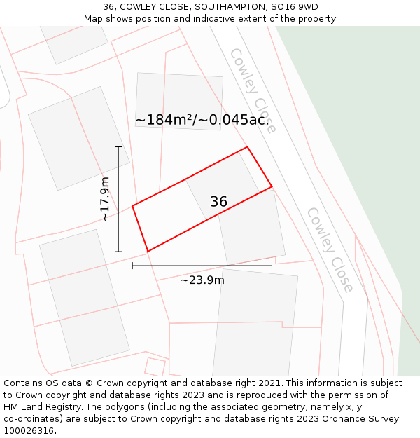 36, COWLEY CLOSE, SOUTHAMPTON, SO16 9WD: Plot and title map