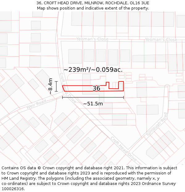 36, CROFT HEAD DRIVE, MILNROW, ROCHDALE, OL16 3UE: Plot and title map