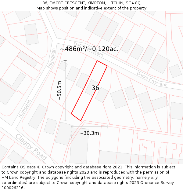 36, DACRE CRESCENT, KIMPTON, HITCHIN, SG4 8QJ: Plot and title map