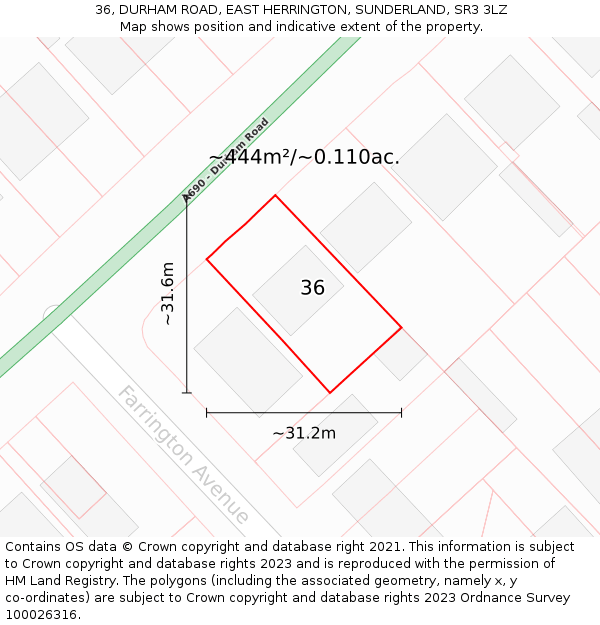 36, DURHAM ROAD, EAST HERRINGTON, SUNDERLAND, SR3 3LZ: Plot and title map