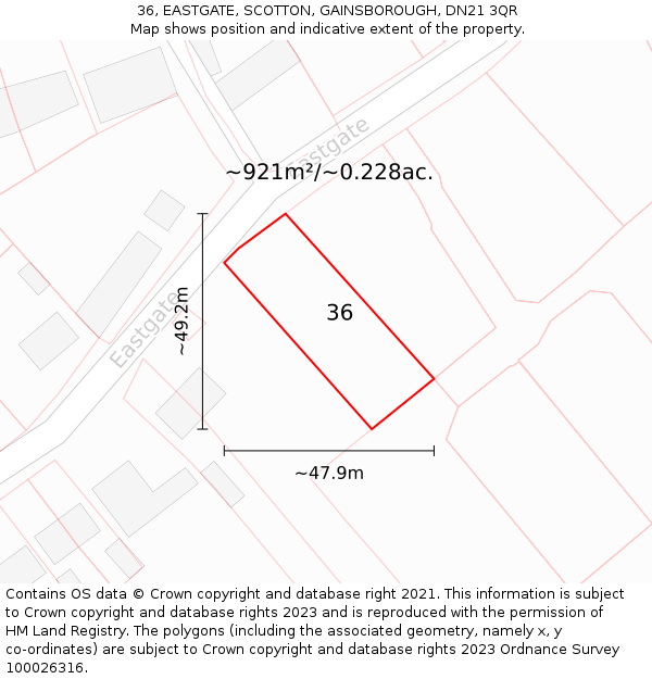 36, EASTGATE, SCOTTON, GAINSBOROUGH, DN21 3QR: Plot and title map