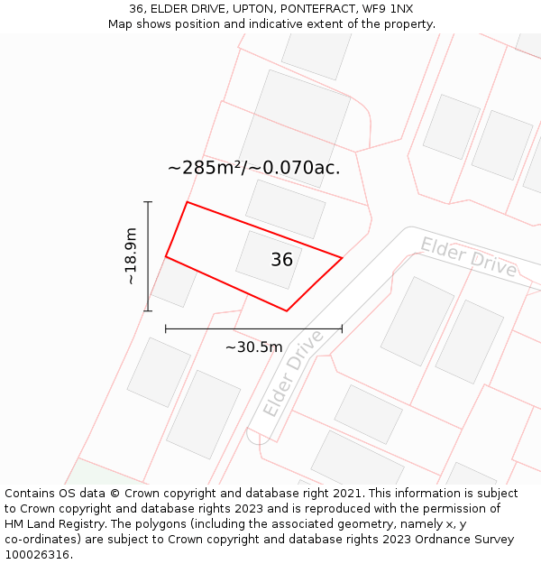 36, ELDER DRIVE, UPTON, PONTEFRACT, WF9 1NX: Plot and title map