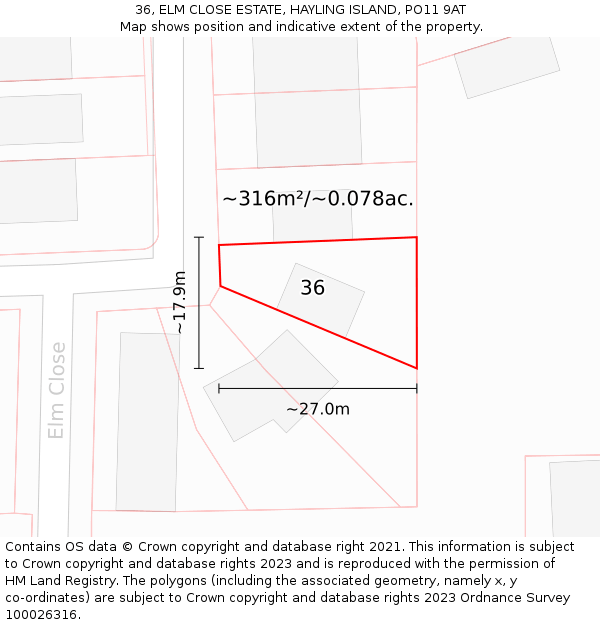 36, ELM CLOSE ESTATE, HAYLING ISLAND, PO11 9AT: Plot and title map