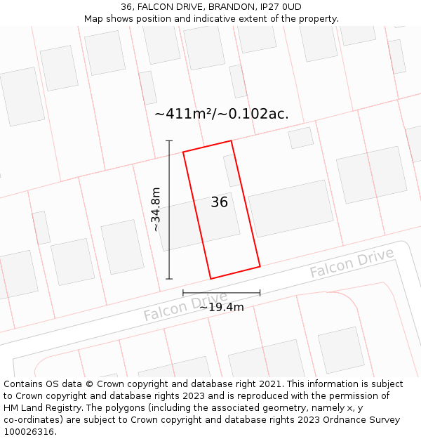 36, FALCON DRIVE, BRANDON, IP27 0UD: Plot and title map