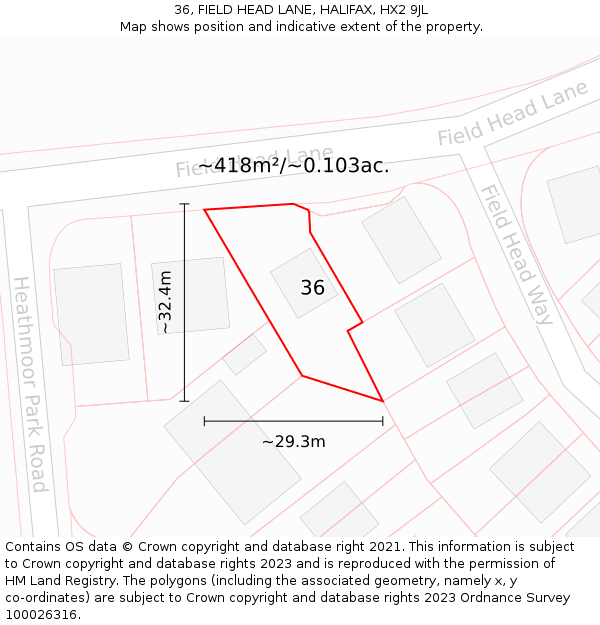 36, FIELD HEAD LANE, HALIFAX, HX2 9JL: Plot and title map