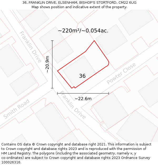 36, FRANKLIN DRIVE, ELSENHAM, BISHOP'S STORTFORD, CM22 6UG: Plot and title map