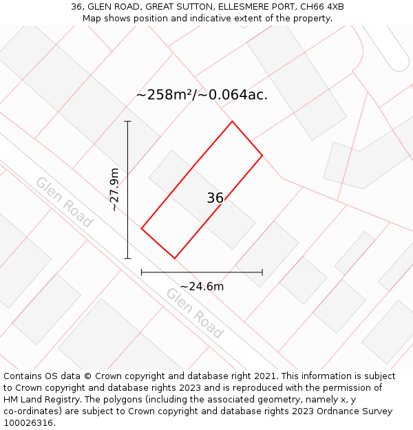 36, GLEN ROAD, GREAT SUTTON, ELLESMERE PORT, CH66 4XB: Plot and title map