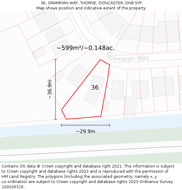 36, GRAMPIAN WAY, THORNE, DONCASTER, DN8 5YP: Plot and title map