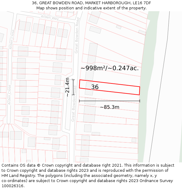 36, GREAT BOWDEN ROAD, MARKET HARBOROUGH, LE16 7DF: Plot and title map