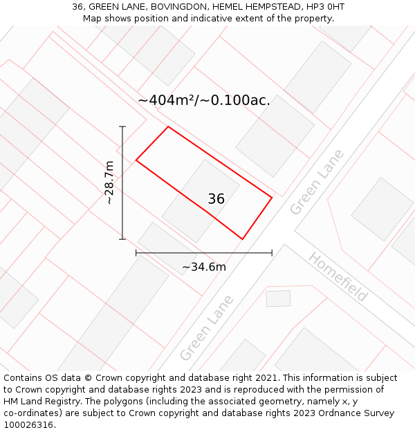 36, GREEN LANE, BOVINGDON, HEMEL HEMPSTEAD, HP3 0HT: Plot and title map