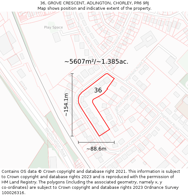 36, GROVE CRESCENT, ADLINGTON, CHORLEY, PR6 9RJ: Plot and title map