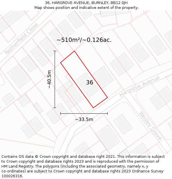 36, HARGROVE AVENUE, BURNLEY, BB12 0JH: Plot and title map