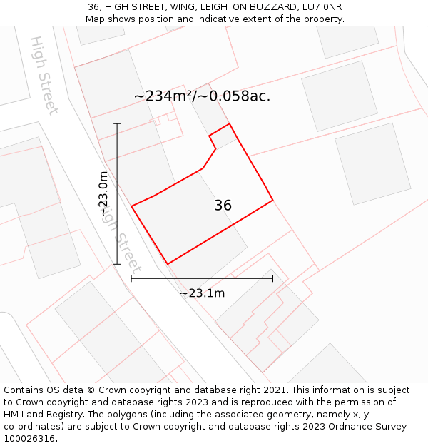 36, HIGH STREET, WING, LEIGHTON BUZZARD, LU7 0NR: Plot and title map