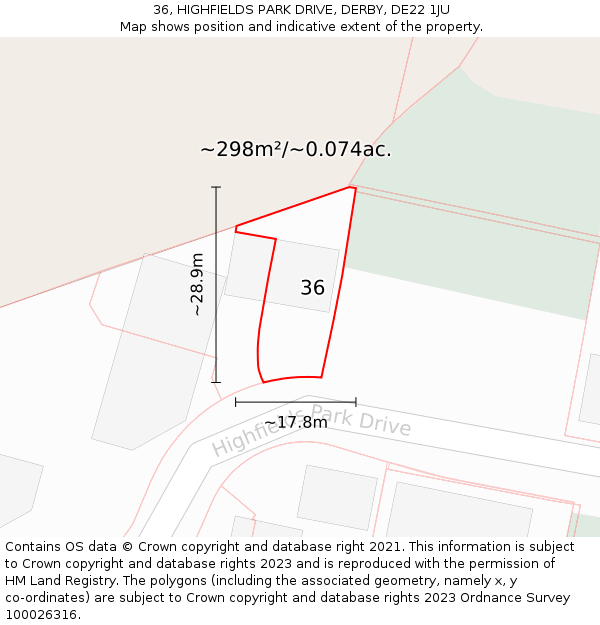 36, HIGHFIELDS PARK DRIVE, DERBY, DE22 1JU: Plot and title map