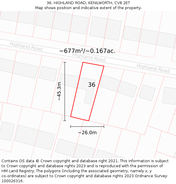 36, HIGHLAND ROAD, KENILWORTH, CV8 2ET: Plot and title map