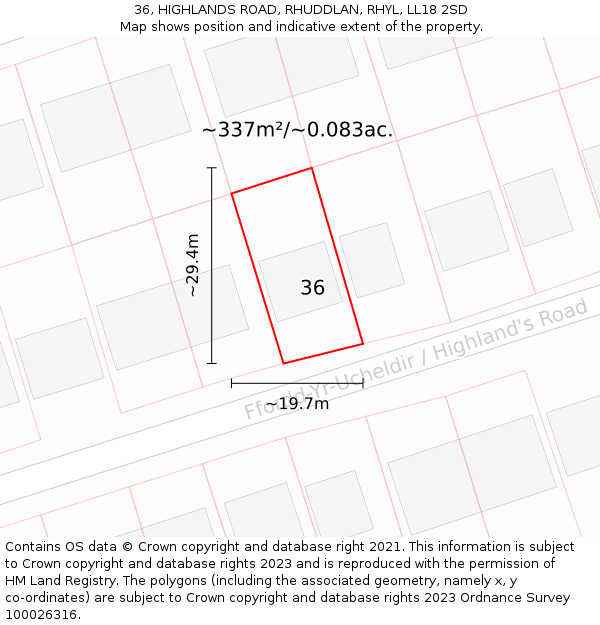 36, HIGHLANDS ROAD, RHUDDLAN, RHYL, LL18 2SD: Plot and title map