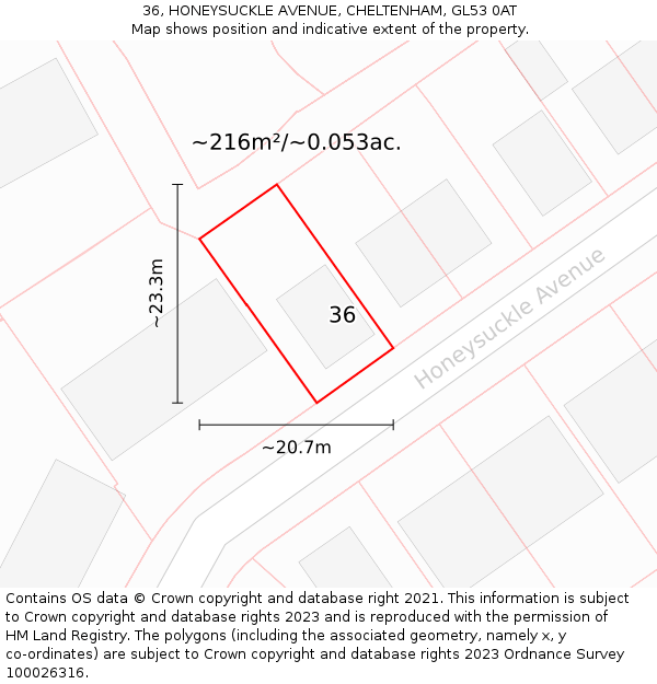 36, HONEYSUCKLE AVENUE, CHELTENHAM, GL53 0AT: Plot and title map