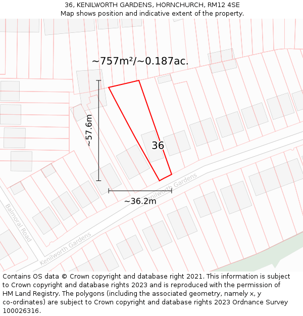 36, KENILWORTH GARDENS, HORNCHURCH, RM12 4SE: Plot and title map