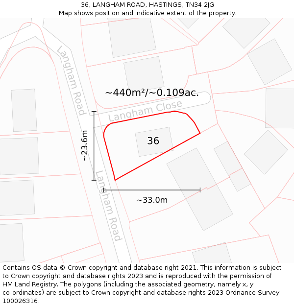 36, LANGHAM ROAD, HASTINGS, TN34 2JG: Plot and title map