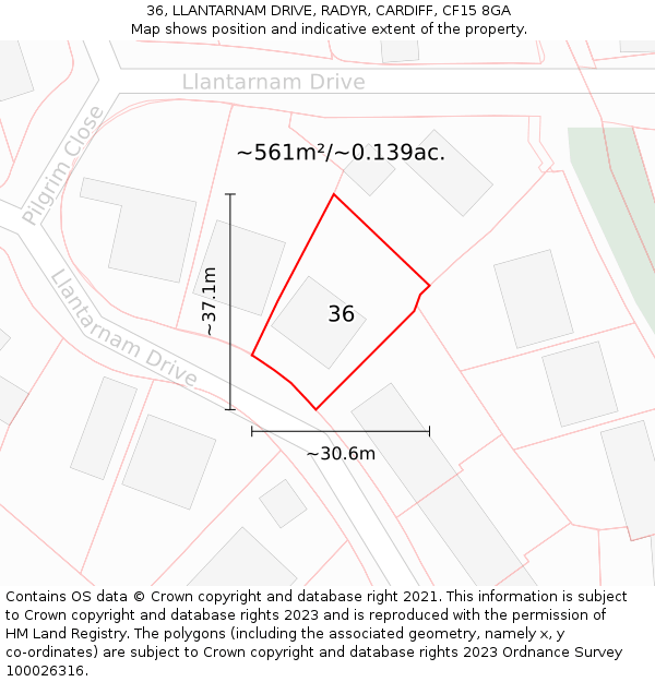 36, LLANTARNAM DRIVE, RADYR, CARDIFF, CF15 8GA: Plot and title map