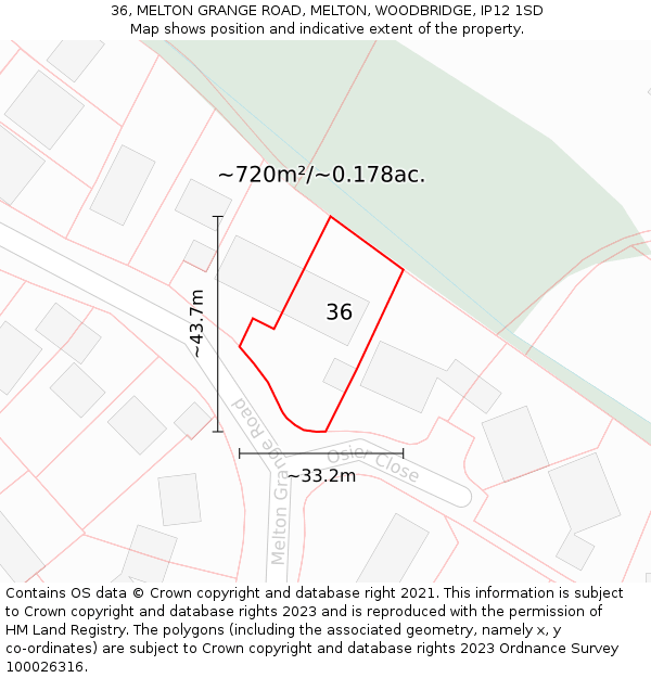 36, MELTON GRANGE ROAD, MELTON, WOODBRIDGE, IP12 1SD: Plot and title map