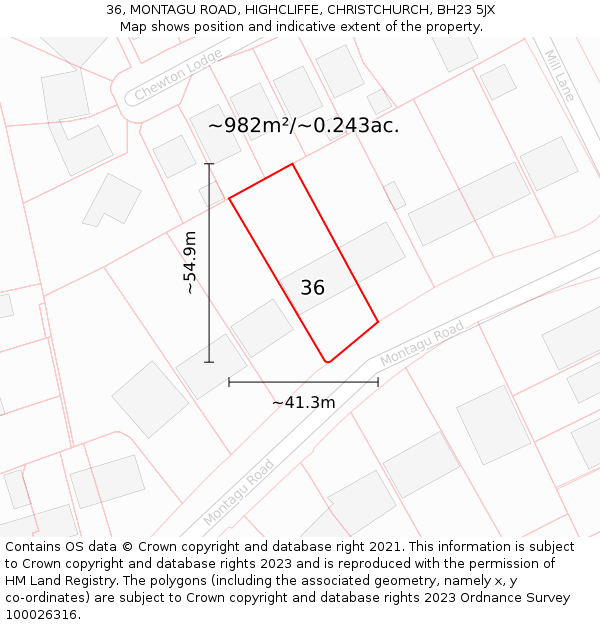 36, MONTAGU ROAD, HIGHCLIFFE, CHRISTCHURCH, BH23 5JX: Plot and title map