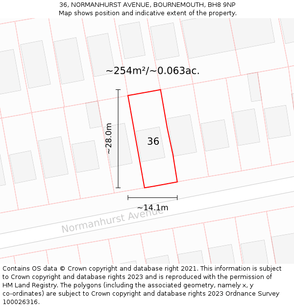 36, NORMANHURST AVENUE, BOURNEMOUTH, BH8 9NP: Plot and title map