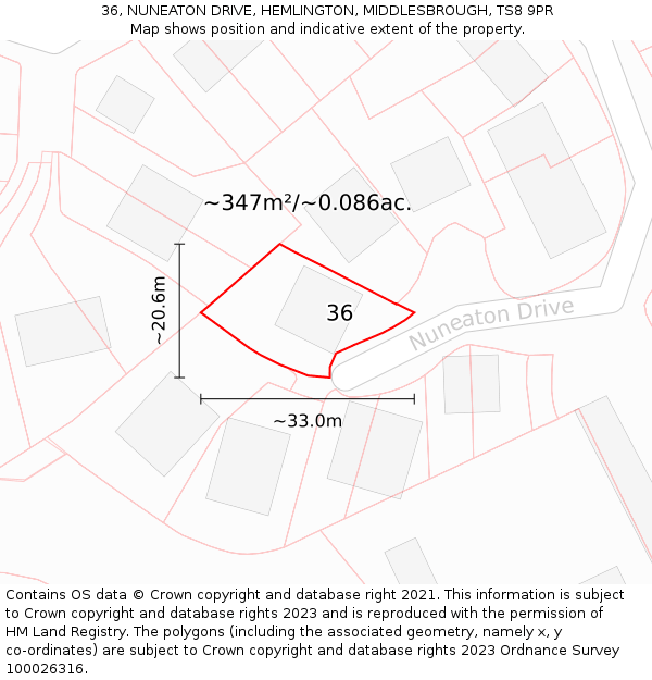 36, NUNEATON DRIVE, HEMLINGTON, MIDDLESBROUGH, TS8 9PR: Plot and title map