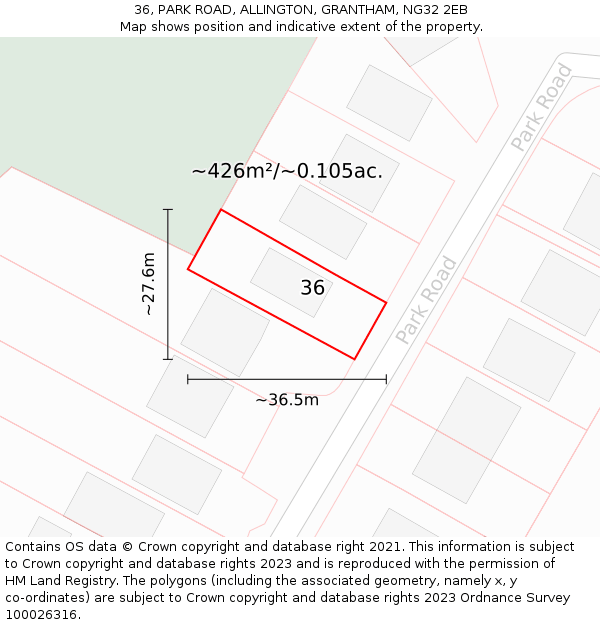 36, PARK ROAD, ALLINGTON, GRANTHAM, NG32 2EB: Plot and title map