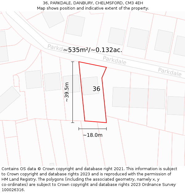 36, PARKDALE, DANBURY, CHELMSFORD, CM3 4EH: Plot and title map