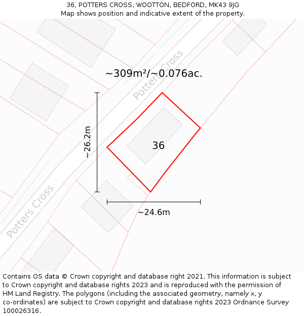 36, POTTERS CROSS, WOOTTON, BEDFORD, MK43 9JG: Plot and title map