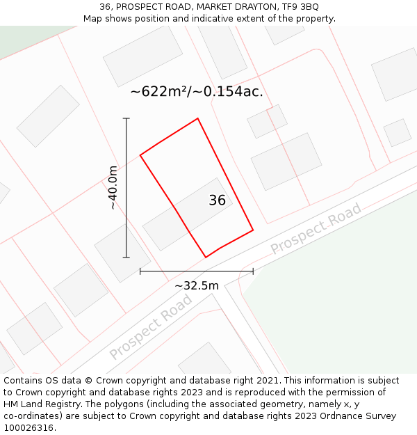 36, PROSPECT ROAD, MARKET DRAYTON, TF9 3BQ: Plot and title map