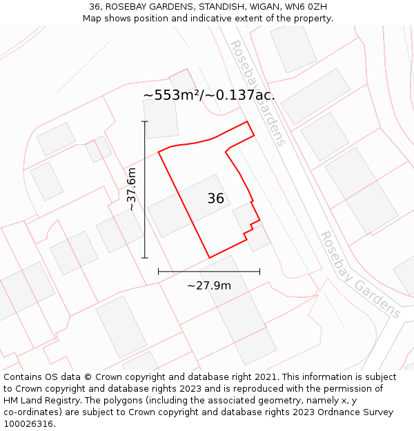 36, ROSEBAY GARDENS, STANDISH, WIGAN, WN6 0ZH: Plot and title map